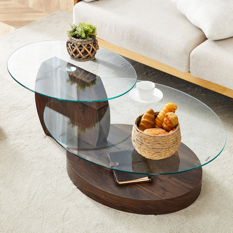 Table basse moderne à double couche grain de noyer moderne - Design polyvalent, plusieurs couleurs disponibles. Autocollant de panneau de densité, verre renforcé, comptoir ovale.