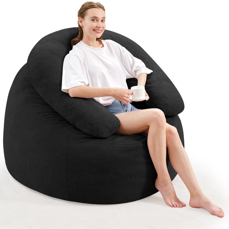  45" U-Shaped Pillow Bean Bag Chair For Adults And Kids Beanbag Chair With Washable Cover Black, Black Teddy