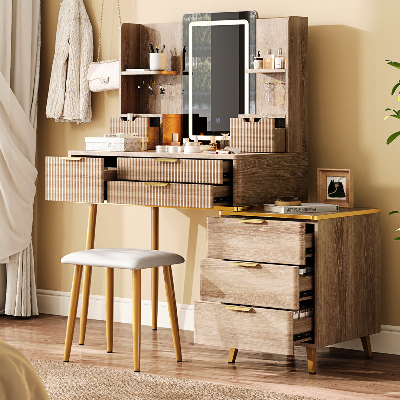 Led Mirror Vanity Desk With 7 Drawers, Makeup Table, Fluted Panel, Metal Handles, Pu Stool For Bedroom - Three Color Temperatures, Tangle Hooks, Pu, Corrosion Dressing Table Mirror, Drawer Storage,