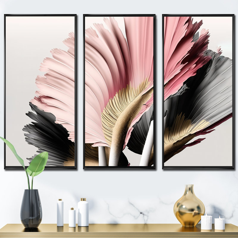 Gerbera rose et grise, fleurs hyperréalistes - 3 pièces sur toile, Cadre noir, H 28 po x l 36 po x P 1 po