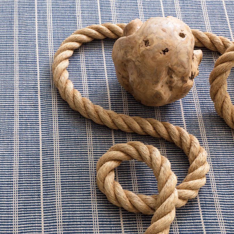 Bunny Williams Striped Handmade Dhurrie Navy/Beige Indoor / Outdoor Area Rug, Rectangle 7'6" x 9'6"