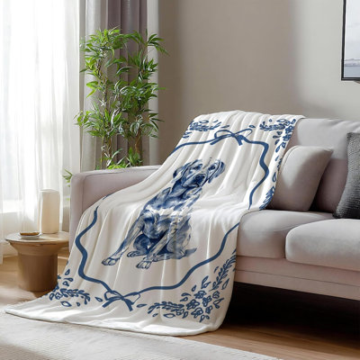 Blue and White Chinoiserie Labrador Retriever Blanket, Gifts for Labrador Dog Lovers,Vintage French Country Toile Lab Dog Throw Blanket for Home Bedroom Room Couch Bed Decor, 30x40 Inches