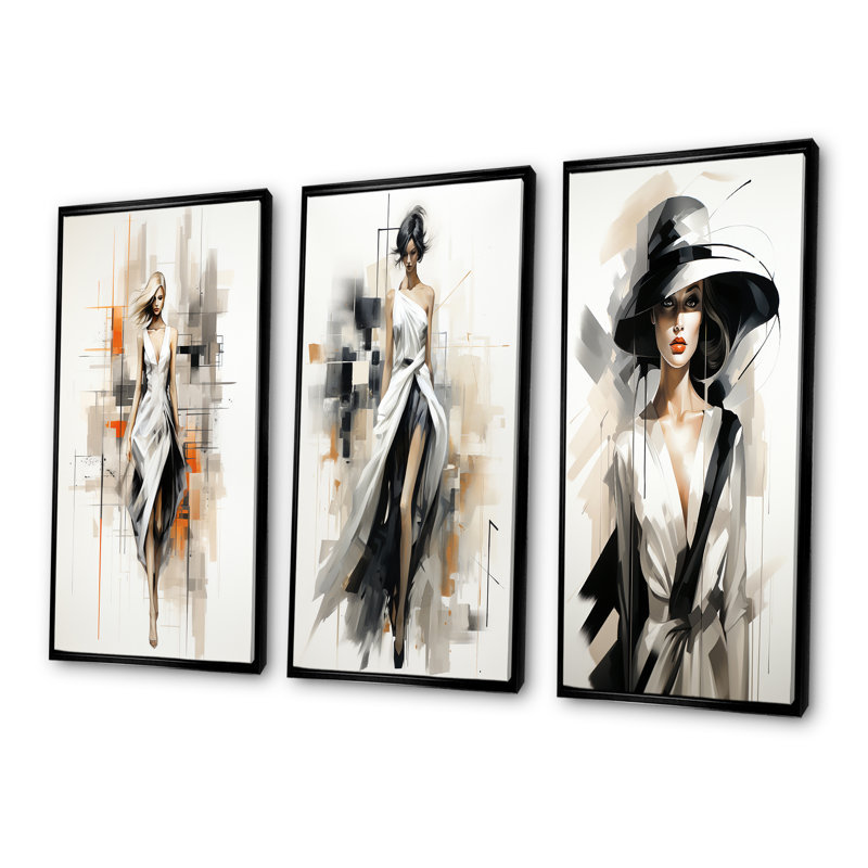 Ensemble de 3 reproductions d'art sur toile en noir et blanc, Cadre flottant noir, H 32 po x l 48 po