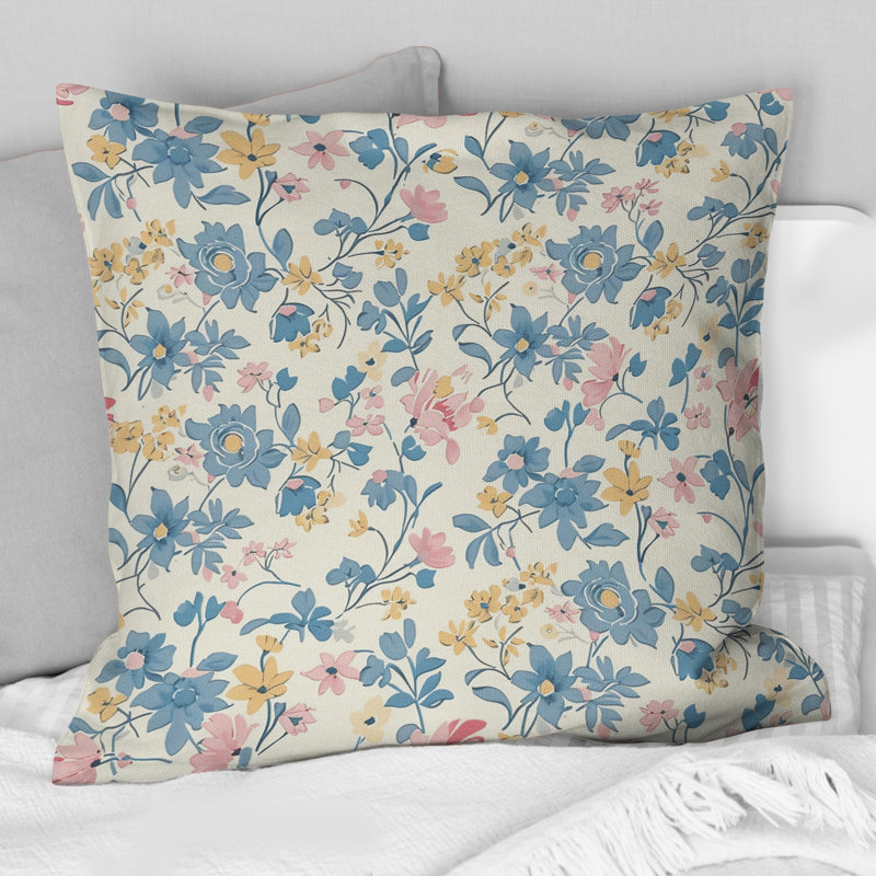 Coussin décoratif rose et bleu rétro Flower Paradise V, H 16 po x l 16 po