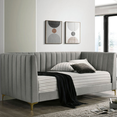 Contemporary Style Tuxedo Inspired Seating Daybed Attached Gold Metal Legs Channel Tufting Light Gray Finish