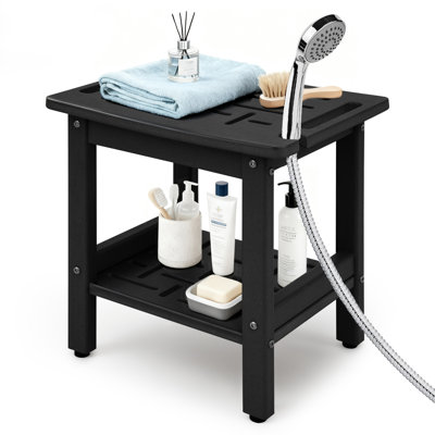 Hdpe Shower Bench For Inside Shower, Poly Corner Shower Stool For Shaving Legs, Heavy Duty 350Lbs Shower Seat With Storage Shelf, Waterproof Shower Foot Rest Shower Chair For Bathroom Indoor Outdoor Use,Grey/White/Black
