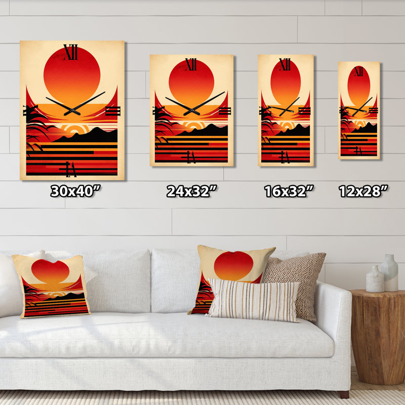 Red Bold Sunset I - Coastal Sunset Wall Clock Oversized, Small