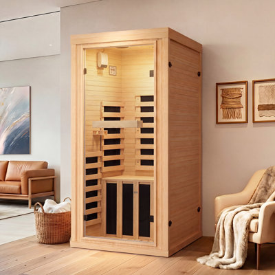 Sauna infrarouge lointain pour 1 personne, sauna sec en bois de pruche du Canada avec façade en verre trempé, système de chauffage à faible intensité électromagnétique, panneau de commande audio et numérique Bluetooth