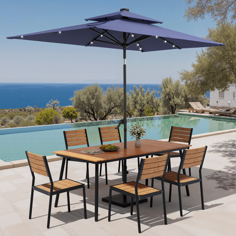 Ensemble repas pour 6 personnes en aluminium avec chaises empilables, parasol solaire à DEL et base lestée, Navy, Brown