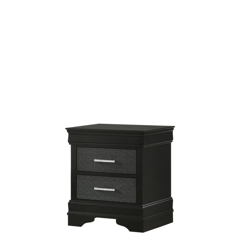 Table de chevet noire avec ornement artificiel, systèmes de guidage de tiroirs, poignées de fabrication et de cristal pour la décoration de la chambre à coucher