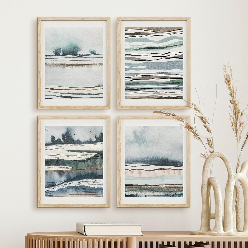 " Blue Pastel Paint Stroke Landscapes " 4 - Pieces, 14" H x 11" W, Natural