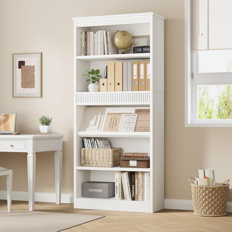 71" Tall Bookcase w/Display Rack & Fluted Design, 5 Tier Farmhouse Bookshelf with Wood Base, Wood Bookshelf Rustic Vintage Book Shelf for Office Library