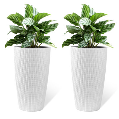 Set Of 2 Faux Rattan Tall Planters Outdoor Indoor Large Planters With Water Level Monitor Inner Bucket, Automatic Watering, Flower Plant Pots For Garden, Patio, Porch, Backyard (White, 22 Inch )