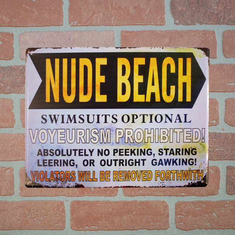 Large Nude Beach Swimsuits Optional Metal Sign Retro Outdoor Coastal Wall Decor