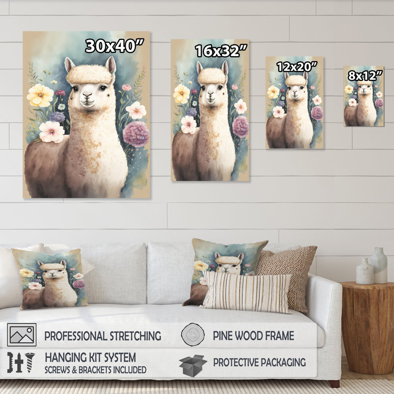«Flower Alpaca Watercolor V», reproduction sur toile, H 32 po x l 24 po x P 1 po, Toile tendue