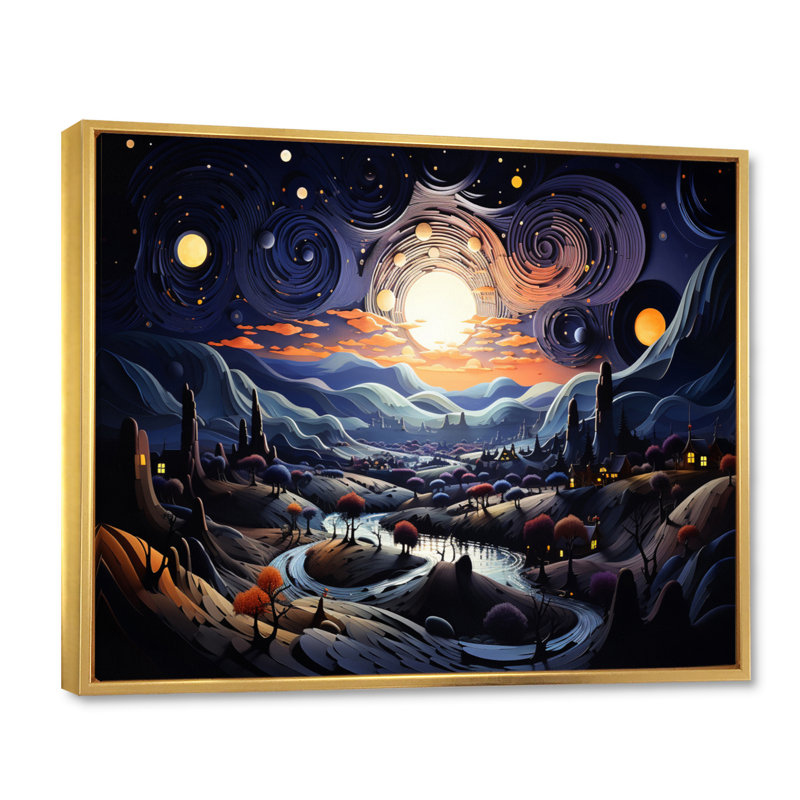 Surrealism Dreamscapes River III - Surrealism Wall Art Living Room, H 24 po x l 32 po x P 1 po, Cadre flottant doré