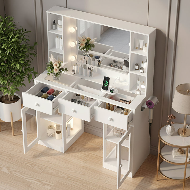 Modern Dressing Table with Glass Top - 3 Drawers, 2-Tier Shelves, Glass Doors & Hair Dryer Holder, White