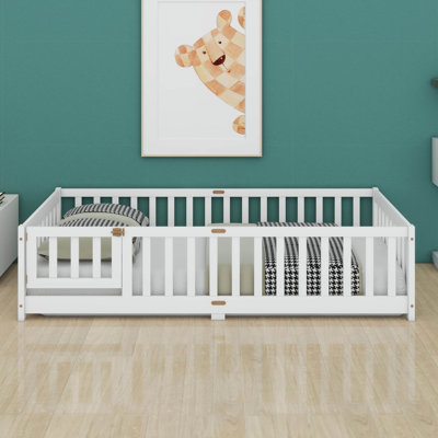 Wood Floor Bed With Door & Fence, Bed Frame With Full Length Safety Guardrails