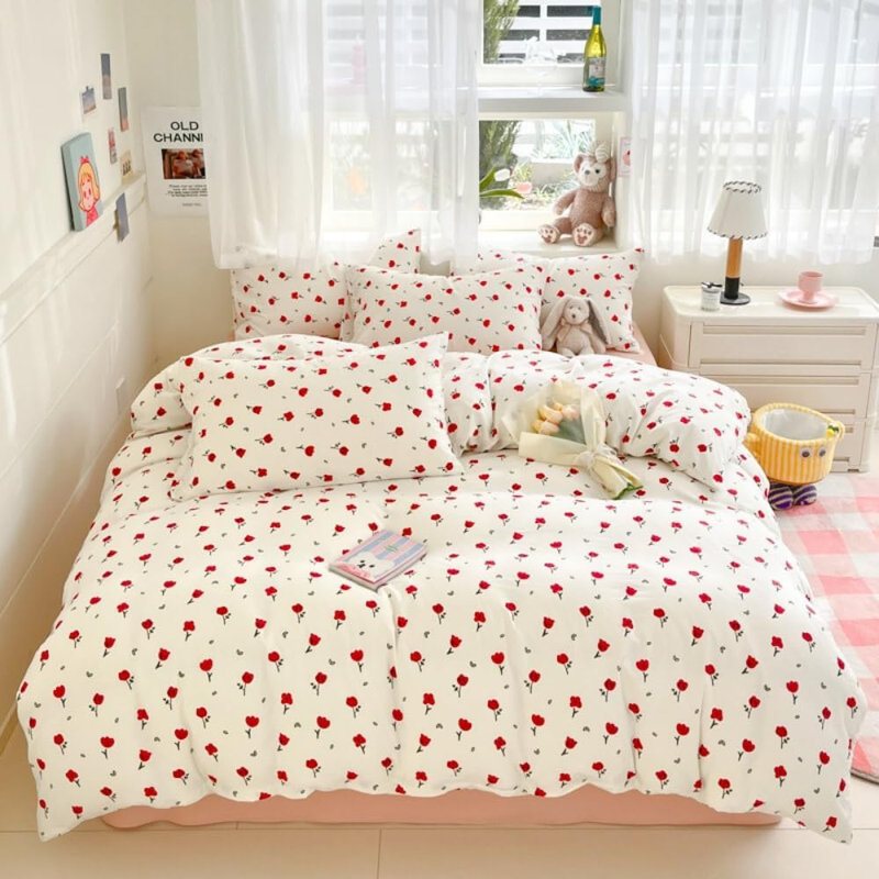 Ensemble de housse de couette Bedding White Red Roses , Housse de couette grand et 2 taies d'oreiller stan