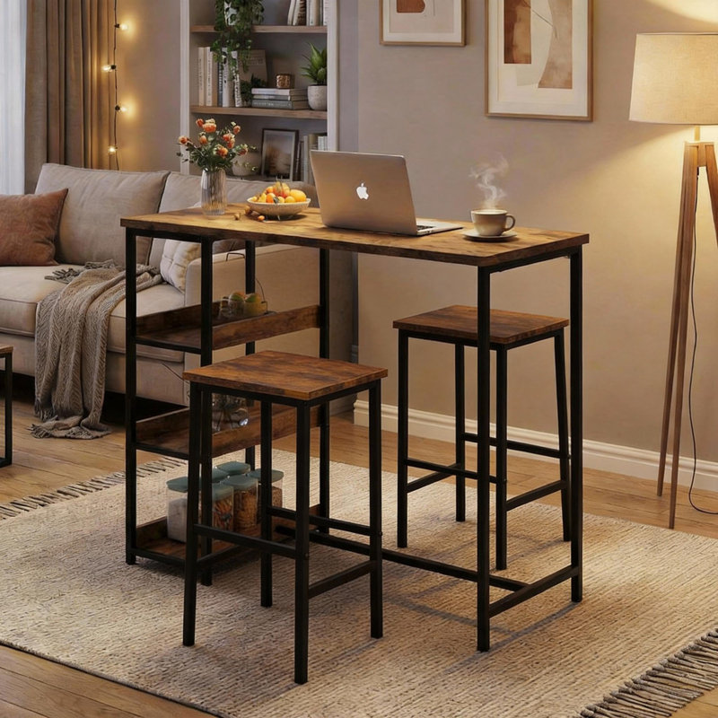 Space-Saving 3-Piece Dining Table Set with Storage Shelves – Modern Industrial Table and 2 Stools – Perfect for Apartments or Dining Room – Easy Assembly – Black Tube + Vintage Color, Seat Board