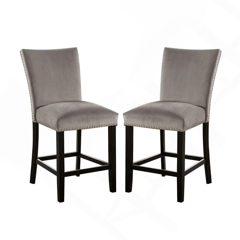 Ensemble attrayant de chaises de salle à manger à hauteur de comptoir de 2 pièces avec siège en flanelle grise et garniture cloutée