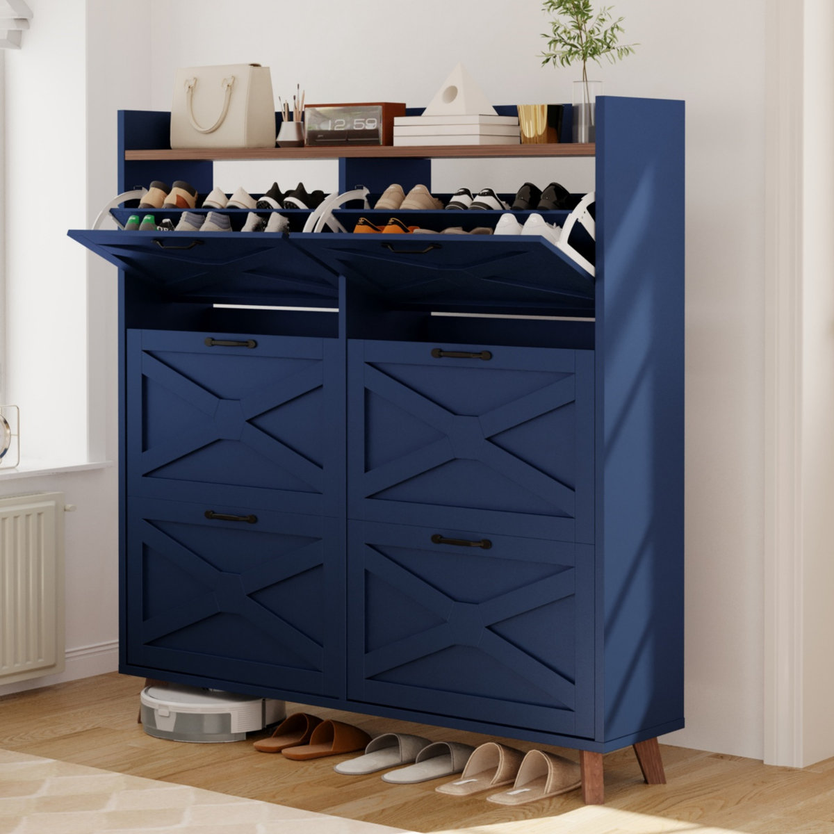 Shoe Storage Cabinet, Farmhouse Wooden Shoe Organizer With 6 Flip Drawers, Freestanding Hidden Slim Narrow Shoe Rack Cabinet For Entryway, Hallway, Fo