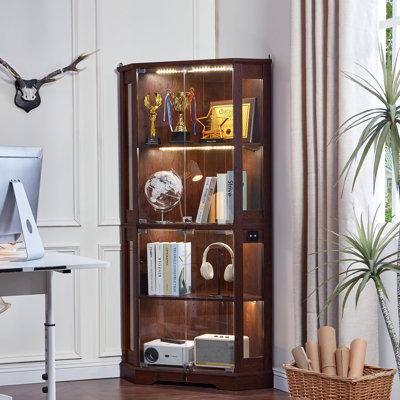 Farmhouse Corner Display Cabinet with Glass Doors, Corner Curio Cabinet with 3-Color LED Motion-Sensor Light (Walnut)