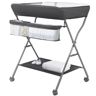 Baby Changing Table with Wheels, Portable Adjustable Height Folding Diaper Station with Nursery Organizer & Storage Rack for Newborn Baby and Infant