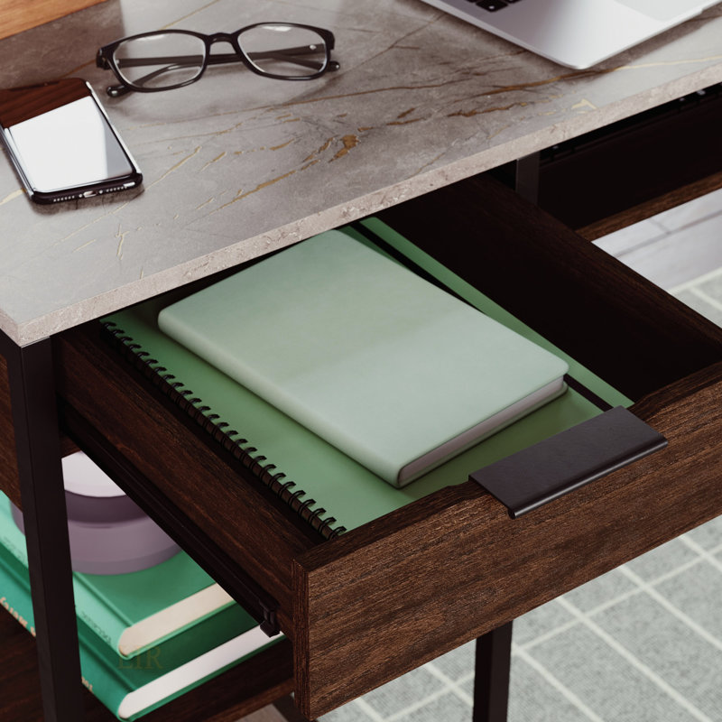 Bureau spacieux en forme de L avec tiroirs cachés et structure en métal durable, parfait pour le bureau à domicile et les espaces polyvalents.