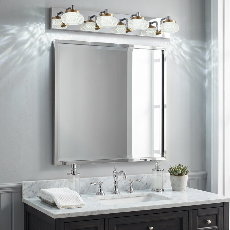 Applique murale pour salle de bain 29,1 po en chrome et laiton avec abat-jour en verre transparent, intensité variable, applique murale industrielle pour miroir