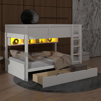 Lit superposé avec tiroirs, lit superposé en bois avec armoires de rangement et lumières DEL
