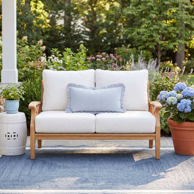 Cotesfield 54.25'' Wide Teak Loveseat with Cushions, Tan Performance Basketweave
