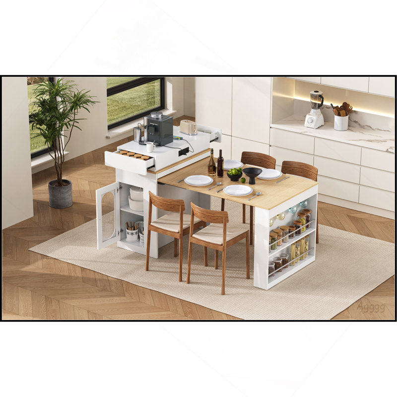 Table de salle à manger extensible avec plateau pliable, table de bar avec tiroirs et prise de courant, îlot de cuisine avec roulettes et crochets, buffet pour la cuisine et la salle à manger (blanc crème et naturel)