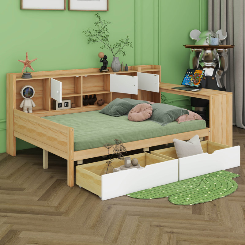 Lit de jour avec tiroirs de rangement et bibliothèque, lit d'angle avec bureau et tablettes, lit en forme de L multifonctionnel avec tête de lit convertible