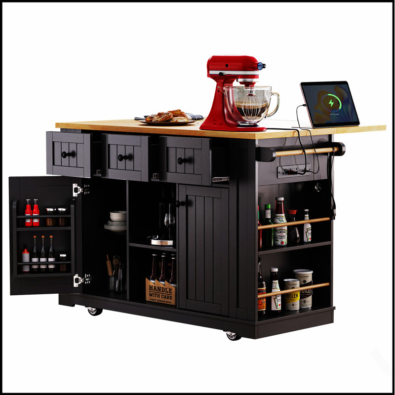 53-Inch Large Kitchen Island with Drop Leaf, Power Outlet, and Spacious Storage on 5 Wheels, Perfect for Modern Kitchens and Dining Rooms