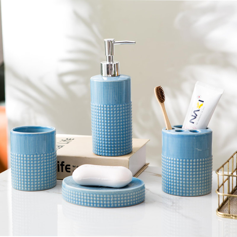 Ensemble d'accessoires de salle de bain - Ensemble d'accessoires de salle de bain en céramique bleue 4 pièces avec distributeur de savon liquide ou de lotion, porte-brosse à dents, gobelet et porte-savon - Décoration moderne à pois ronds