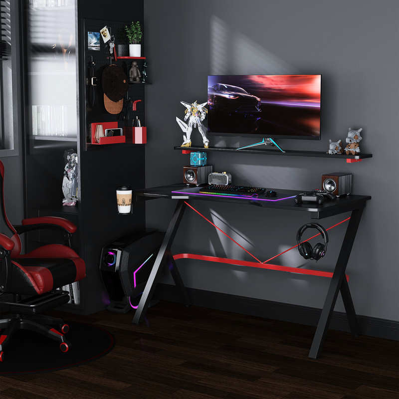 Bureau d'ordinateur de jeu 47 po, noir, avec effet en fibre de carbone, base stable, porte-gobelet rotatif et crochet pour casque d'écoute pour bureau Bureau de 47 pouces - Bureau spacieux et câbles organisés, noir