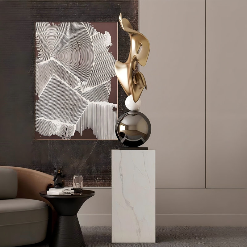 62.99"Modern Geometric Electroplated Art Sculpture, White/Gold/Black