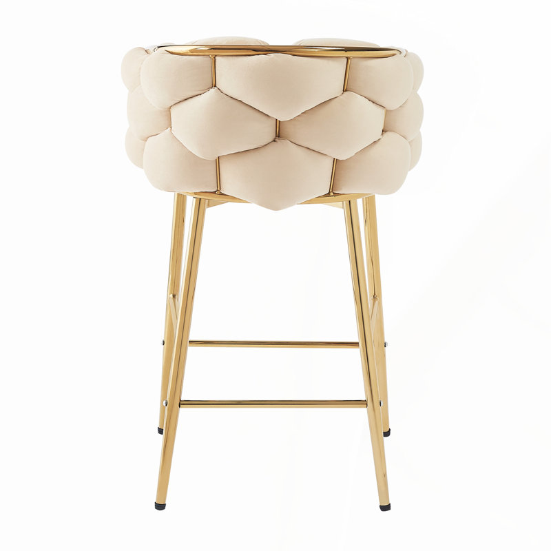 Tabouret de comptoir moderne 28 po en velours beige avec structure en fer, dossier et coussin doux, repose-pieds pour la cuisine et la salle à manger