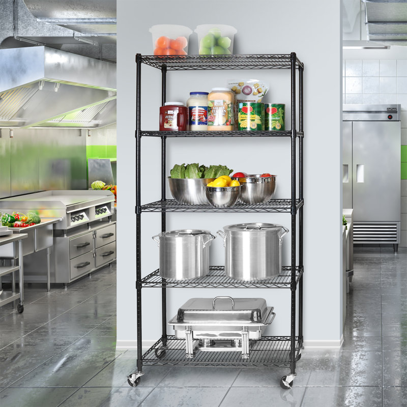 36" Black 5-Tier NSF-Certified Steel Wire Shelving with Wheels