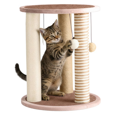 Tour à chat à griffer pour chats d'intérieur, 3 grattoirs à corde en sisal avec base et perchoir recouverts de tapis, jouets suspendus, centre d'activité pour chat et chatons de petite à moyenne taille par PETMAKER (brun clair)