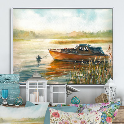 Lonely Boat on the River Shore at Dawn - reproduction d'art sur toile