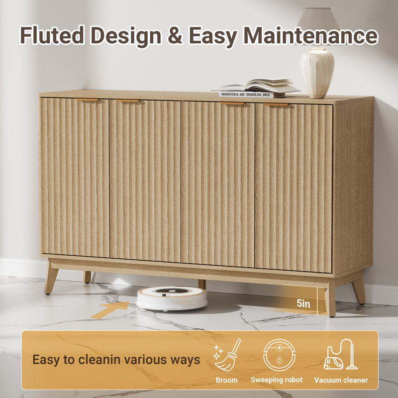 55'' Sideboard With 4-Door Fluted Sideboard With Curved Fluted Door， Four Curved Fluted Door Solid Wood Legs & Adjustable Shelves，1PC，Light Oak