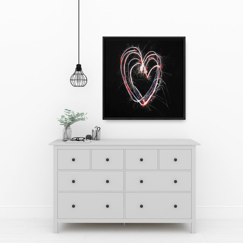 Red & Blue Fireworks Heart | Framed Canvas | Home Decor, 25.25" H x 25.25" W