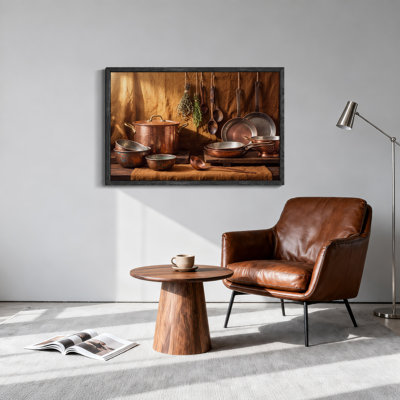 Hammered Copper Cookware With Hanging Herbs Canvas Wall Art
