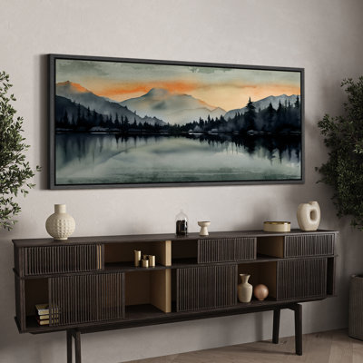 Woodland Forest Landscape Sunset Mountain Range and Lake, reproduction d'art sur toile