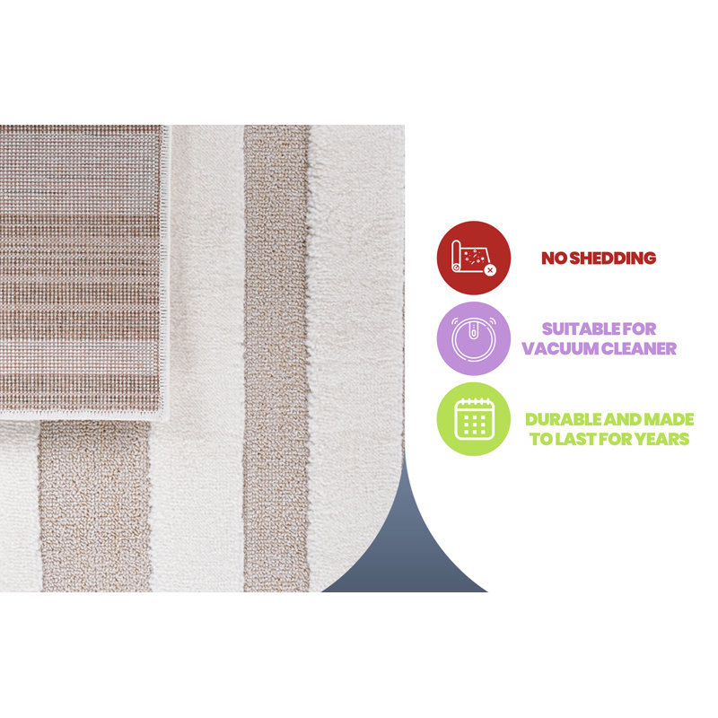 Step Collection High-Low Striped Beige/Cream Indoor Area Rug, 6 Versatile Sizes - Modern Contemporary Geometric Bohemian Non-Shedding Carpet For Bedroom, Kitchen, Living Room & Doormat