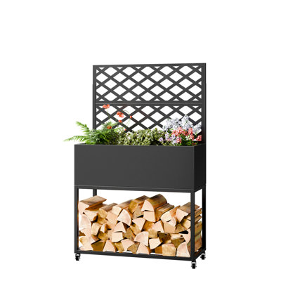 35.43" Wide Galvanized Steel Planter With Trellis & Wood Storage, Mobile Outdoor Privacy Screen With Deep 11.81" Planter Box & Drainage Holes