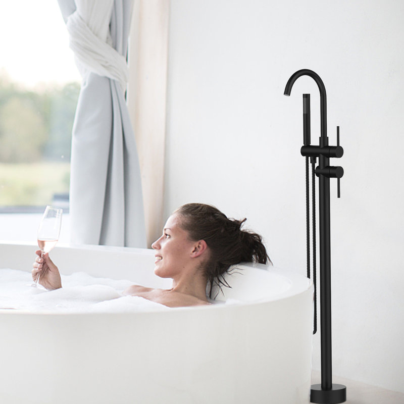 Solid Brass Floor Mount Tub Filler - Matte Black With Handheld Shower Function Freestanding Faucet Construction