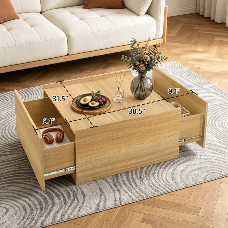 Ensemble de 2 tables basses carrées de rangement et table d'appoint ronde, ensemble de table de salon en bois de style transitionnel avec 2 tiroirs latéraux et table d'appoint ouverte